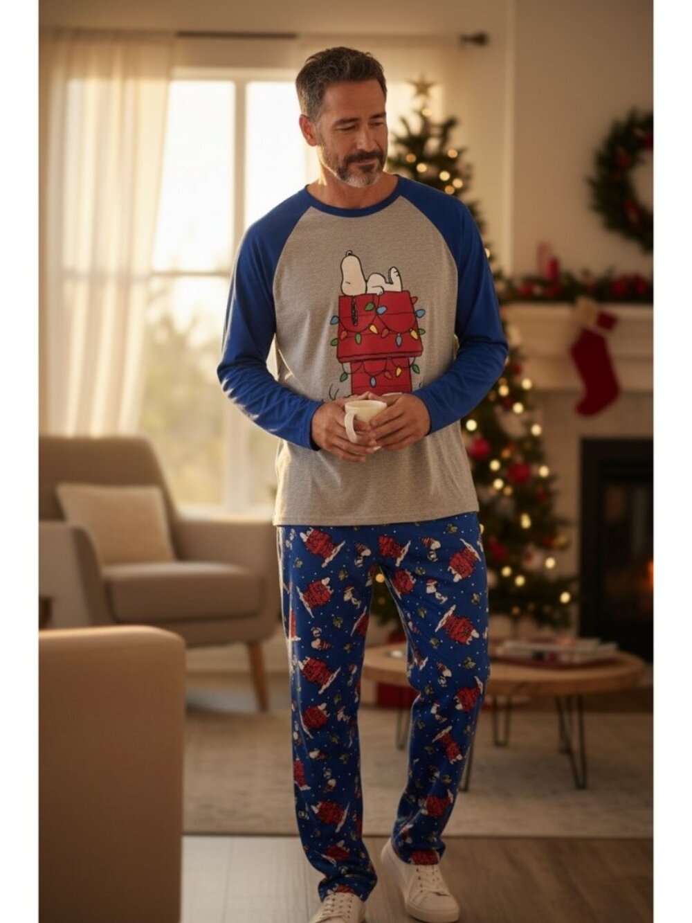 Charlie Brown Peanuts Mens Blue PJ Set Holiday Christmas